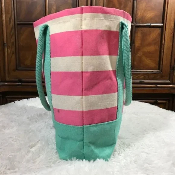 Mud Pie Initial C Cabana Stripe Pink Aqua Periwinkle Canvas Tote - Picture 4 of 10
